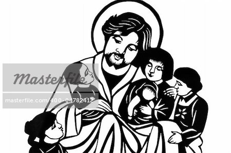 Jesus with children in black-and-white