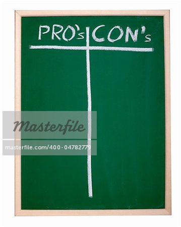 close up of chalkboard with pros and cons columns