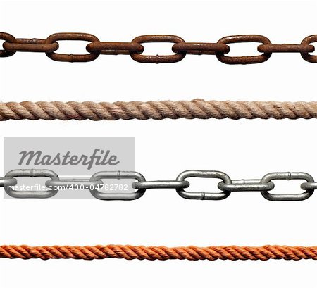 collection of  chains and ropes on white background. each one is in full cameras resolution
