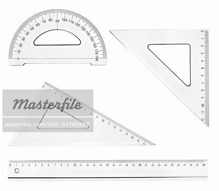 collection of plastic transparent rulers on white background. each one is in full cameras resolution