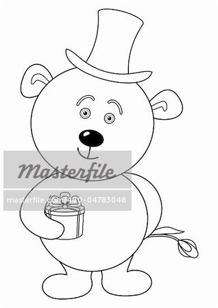 Teddy bear enamoured in cylinder with gift box and flower, contour