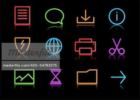 Vector set of elegant neon simple icons for common computer functions