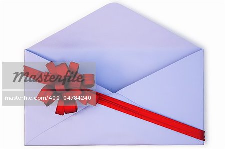 open a paper envelope tied with red ribbon and bow. isolated on white with clipping path.