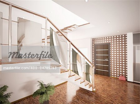 Interior of modern entrance hall with staircase 3d render