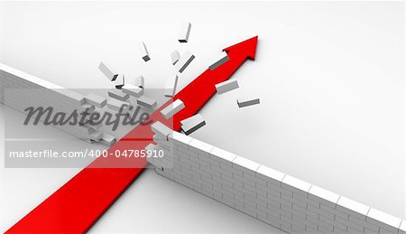 abstract 3d illustration of strong arrow breaking white brick wall