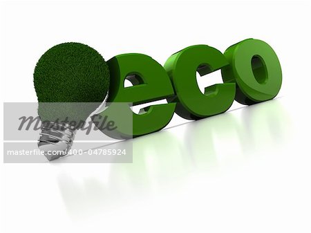 abstract 3d illustration of light bulb with grass and word 'eco' on white background