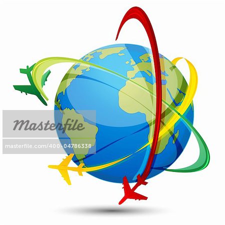 illustration of world tour with airplanes and globe on white background