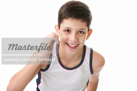 A boy is running forward; isolated on the white background
