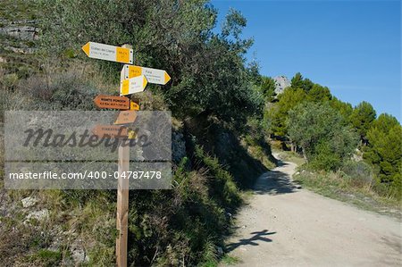 Wooden hiking trail signpost with multiple directions