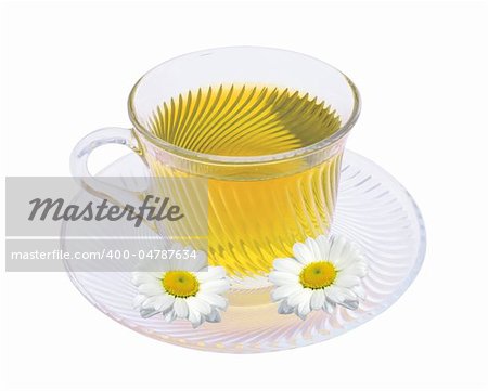 Herbal chamomile tea in glass cup isolated on white background