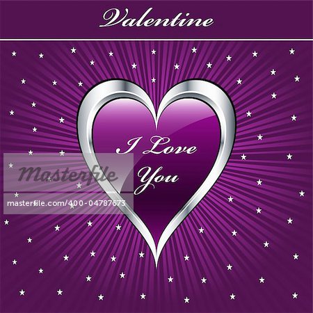 Valentine love heart in purple and silver on sunburst background with stars. Copyspace for text.