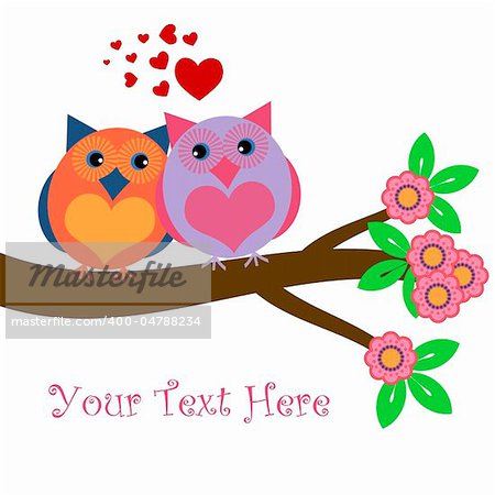 Owls in Love Sitting on Tree Branch with Hearts and Flowers Illustration