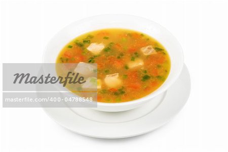 Fish soup with pikeperch and salmon isolated on a white