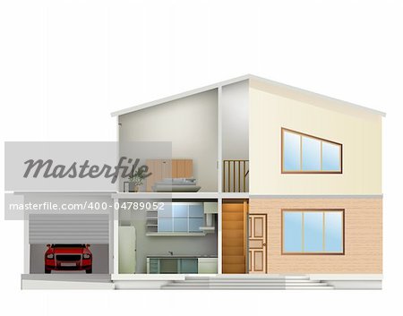 House cut with interiors and right part facade. Vector illustration