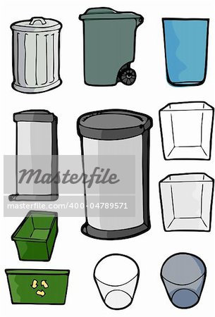 Drawings of various cans and bins used for trash, garbage and recycling purposes.