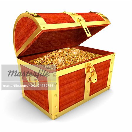 Wooden chest with gold coins - isolated