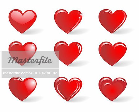 The collection of red hearts isolated on white background
