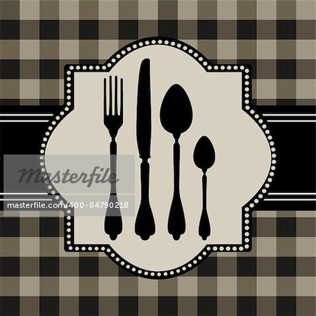 Vector silhouettes of cutlery, on green tablecloth and checkered pattern, design for food or restaurant concept.