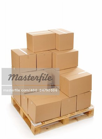cardboard boxes on wooden palette, isolated on white