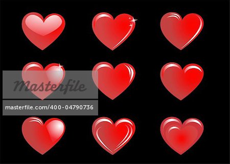 The collection of red hearts on a black background. Vector illustration