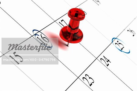 Calendar with numbers, red thumbtack - image is isolated over white background