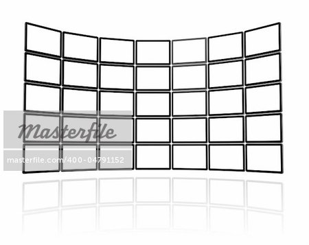 3D Video wall made of flat tv screens, isolated on white. With 2 clipping paths : global scene clipping path and screens clipping path to place your designs or pictures