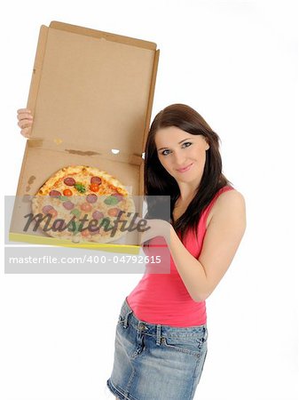 Pretty young casual girl with tasty pizza in delivery paper box. isolated on white background