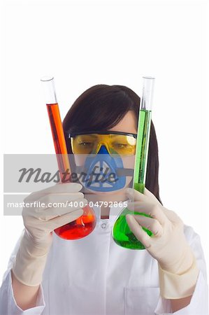 Woman with chemical tubes in the labaratory on white