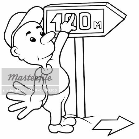 Boy and Dirrection Arrow - Black and White Cartoon illustration, Vector