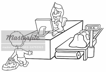 Baggage Check-In - Black and White Cartoon illustration, Vector