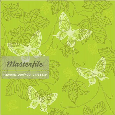 Seamless Wallpaper with floral ornament with leafs and butterfly for vintage design, Vector retro background