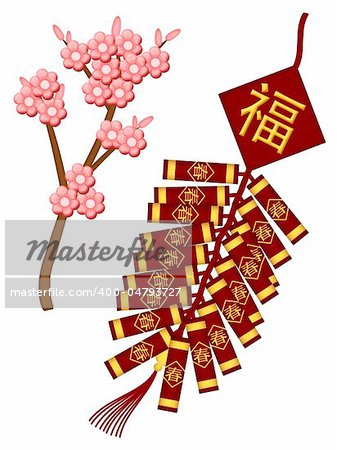 Chinese New Year Firecrackers with Spring Flower Blossoms Illustration