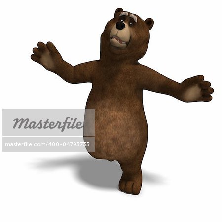 cute and funny toon bear. 3D rendering with clipping path and shadow over white