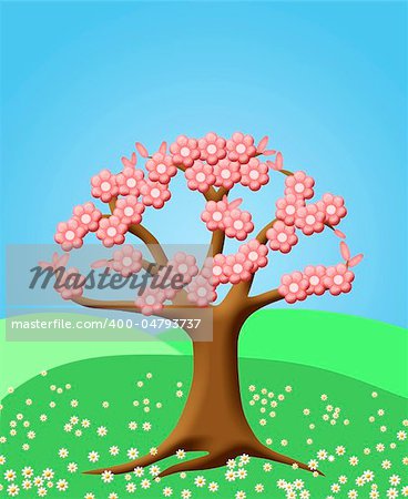 Abstract Tree with Spring Cherry Blossom Flowers Green Pasture Illustration