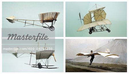 This photograph represent a collage of three air vehicles and one with German aeronautical engineer Otto Lillienthal (1848-1896) with one of his pioneering glider aircraft based on his observation of bird flight.