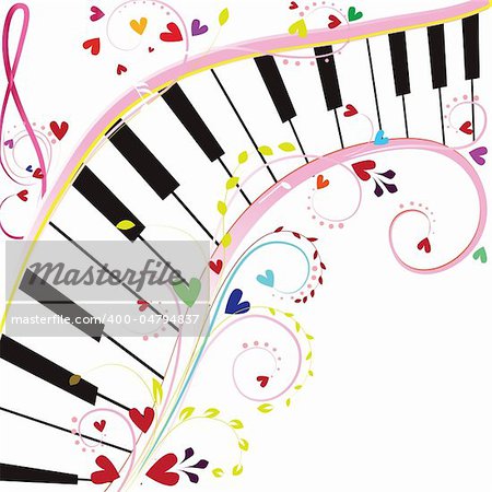 Piano keyboard on a white background with notes and hearts for Valentine holiday