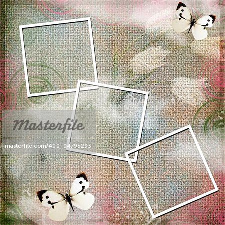 Pink and green abstract background with frames and butterfly