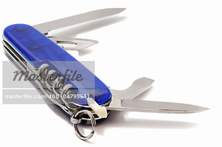 Blue knife with different blades on a white background