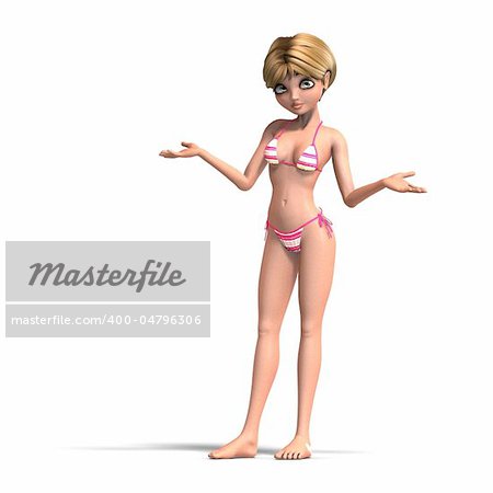 cute and funny cartoon girl wearing a two piece bikini. 3D rendering with clipping path and shadow over white