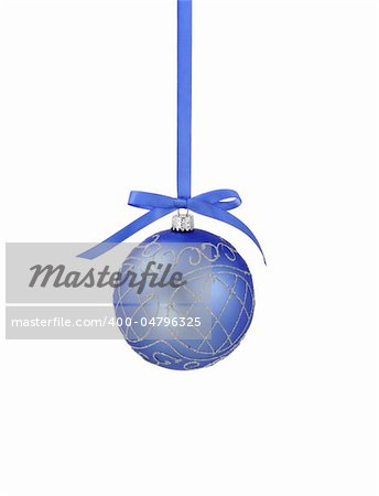 Blue christmas ball with ribbon on white background with copy space for text