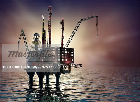 Drilling offshore Platform in night sea. 3D image.