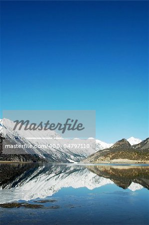 Landscape of snow mountains and lake in winter