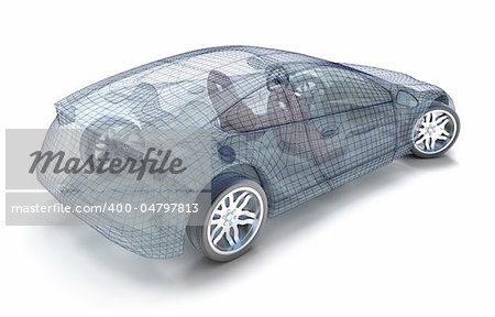 Car design, wireframe model. My own design. White background, 3d image