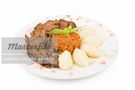 delicate beef fillet roasted with herbs - thyme, rosemary,clary, with potato and vegetable paste
