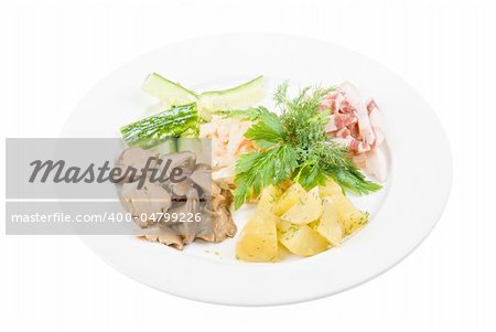 Tasty appetizer: potato, fat and vegetables at plate