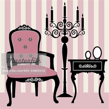 Interior scene with antique armchair, candle and furniture, full scalable vector graphic.