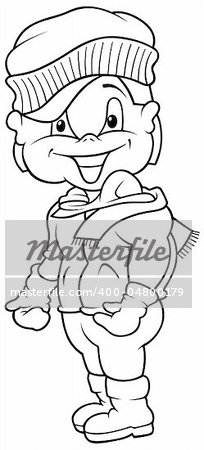 Boy and Winter Clothes - Black and White Cartoon illustration, Vector