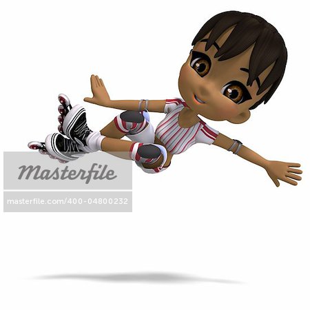 cute cartoon girl with inline skates. 3D rendering with clipping path and shadow over white