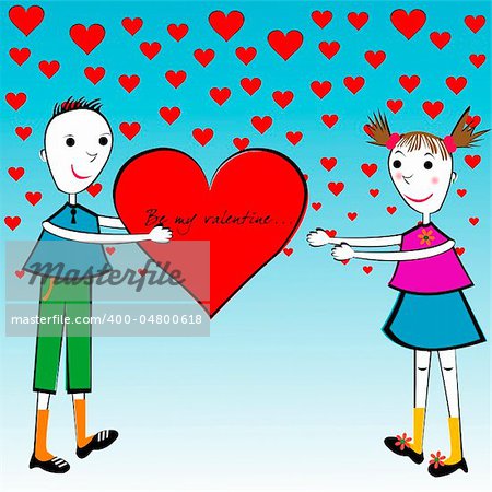 Valentine's Day cartoon card with kids holding a big heart