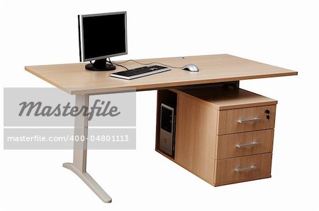 table and a modern computer on a white background